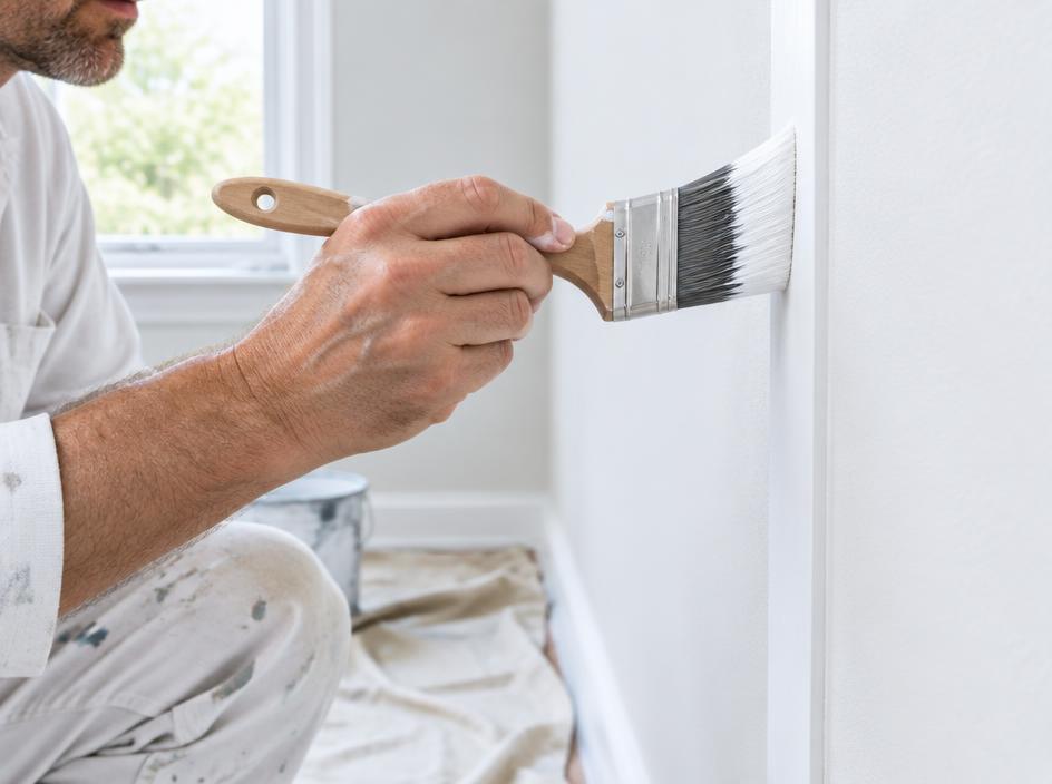 Painter carefully brushing a wall edge